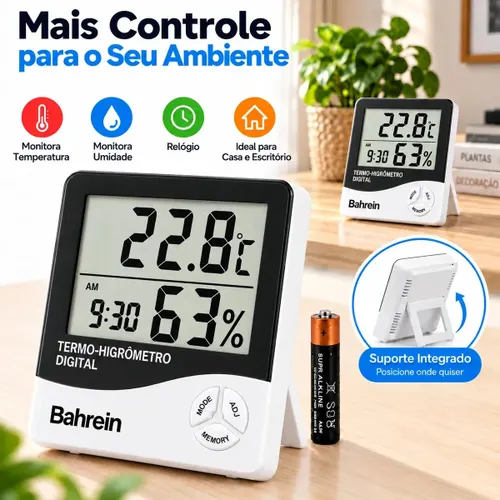 Termo Higrômetro Digital Bahrein para Medir Temperatura Interna e Umidade do Ar com Relógio com Memória Máxima Mínima Ideal para Casa Quarto Escritório Estufa Chocadeira Incubadora Geladeira Adega