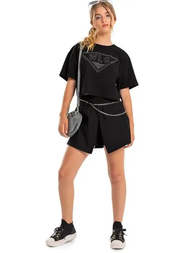 Blusa Cropped Manga Curta Menina (Preto) Gloss