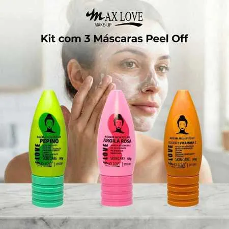 Kit com 3 Máscaras Peel Off - Pepino, Vitamina C, Argila Rosa Max Love