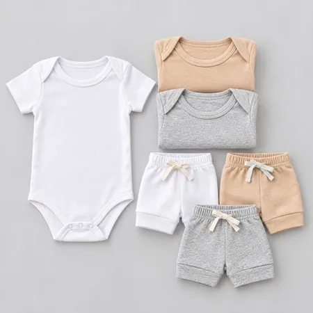 Kit 6 Peças Bebê RD Kids: 3 Bodies Manga Curta + 3 Shorts Canelados Algodão Unissex Verão Tamanhos P M G Menino Menina
