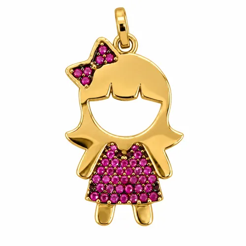 Pingente Menina Laço com 39 Zircônias Roxas em Ouro 18k