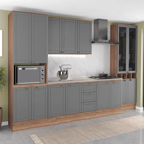 Armário de Cozinha Completa com Balcão Milla Spring Carraro Nogal com Cinza Titânio