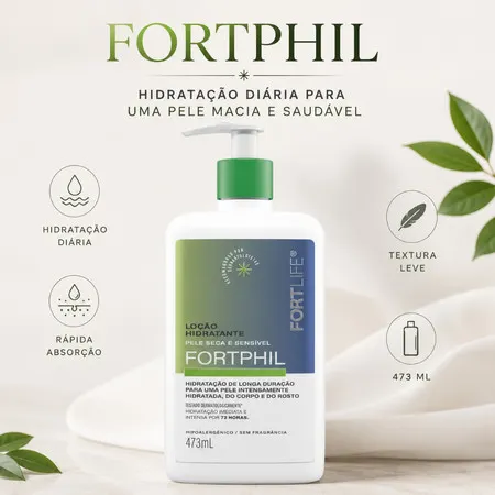Loção Hidratante Corporal Pele Seca e Ressecada Uso Diário Rápida Absorção FortPhil FortLife 473ml sem Perfume