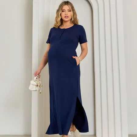 Vestido Gestante Botões Amamentação Fenda Lateral Maternidade Elegante Enxoval