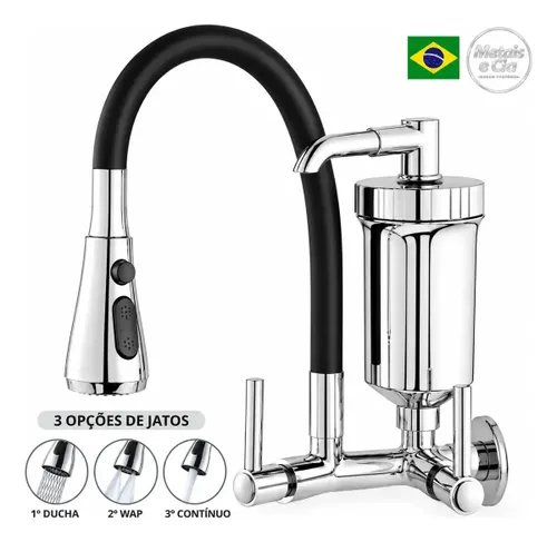 Torneira com Filtro 3 Jatos para Cozinha Gourmet de Parede Preta Silicone Flexível Bica Móvel 3 Jatos Modelo Moderno para Pia Água Fria