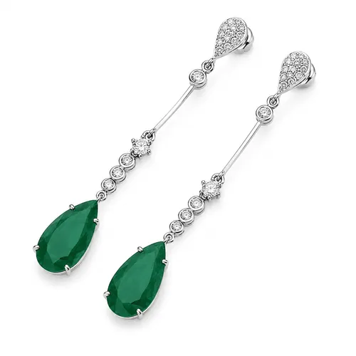 Brinco com Diamantes e Gota de Esmeralda em Ouro Branco 18K