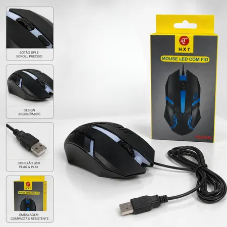 Mouse Óptico Gamer Ergonômico com Fio e Dpi Led Colorido