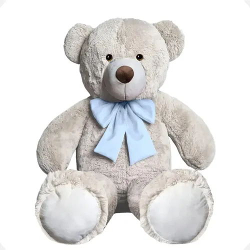 Urso de Pelúcia Teddy Bear Grande com Laço 50cm Antialérgico Cor Baunilha com Azul Bebe