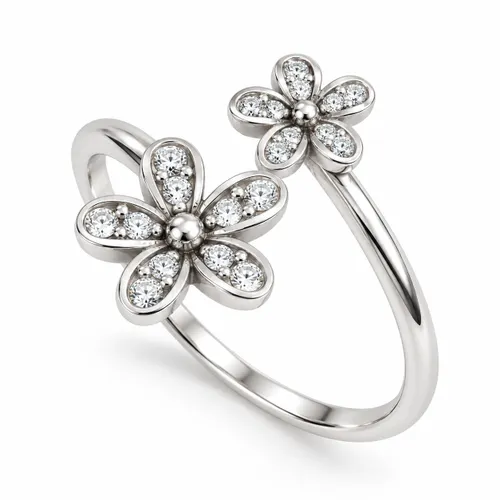 Anel Prata Duas Flores com Zircônia