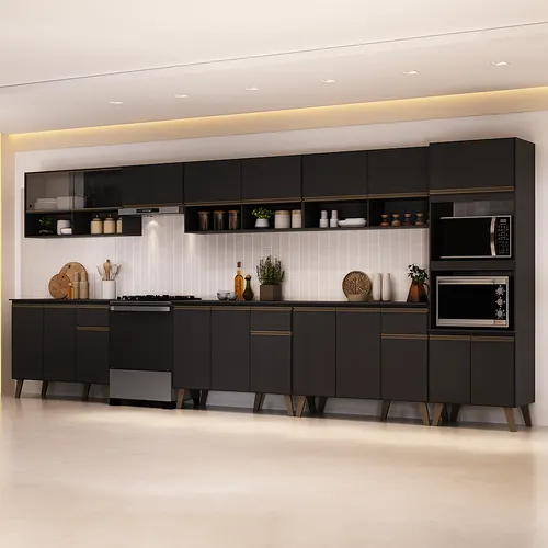 Armário de Cozinha Completa Atlanta Uptown com Vidro Carraro Preto Touch