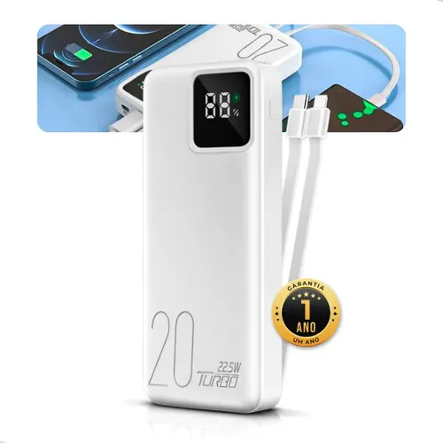 Carregador Portátil Power Bank 20.000mah Turbo Celular Carga Rápida 22.5w Premium Display Visor Grande Universal Usb-c Viagens Festa para los e Android iPhone Samsung Motorola Xiaomi Branco Nixzen