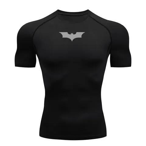Camiseta Masculina Justa com Estampa de Morcego, Camiseta de Compressão para Corrida, Camiseta Casual de Manga Curta para Academia e Fitness