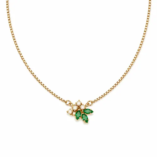 Colar 40 cm Esmeralda Navete com 4 Diamantes Ouro 18K