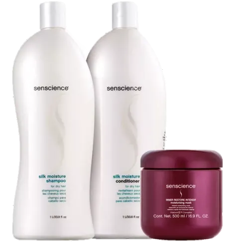 Kit Senscience Silk Moisture e Inner Restore Intensif Shampoo Condicionador 1L Máscara 500ml