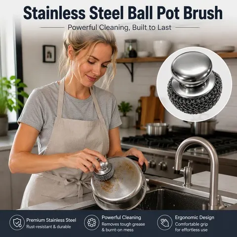 1 unidade de escova de aço inoxidável para panelas, com cabo, esponja de arame resistente para lavar louça, esfregão de metal para limpeza da cozinha.