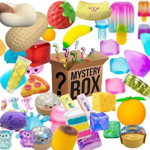 Caixa Surpresa com Mais de 100 Peças: Brinquedos Divertidos e Antiestresse, Figuras Squishy Sortidas, Caixa Misteriosa e Fidget Toys para Alívio do Estresse