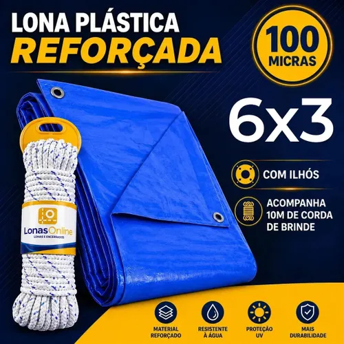 Lona Plástica Azul 6x3 com Corda Impermeável Reforçada