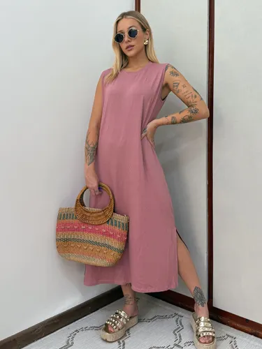 Vestido Midi Regata de Malha com Fenda Lateral Feminino Aveloz Elegance-Rosa