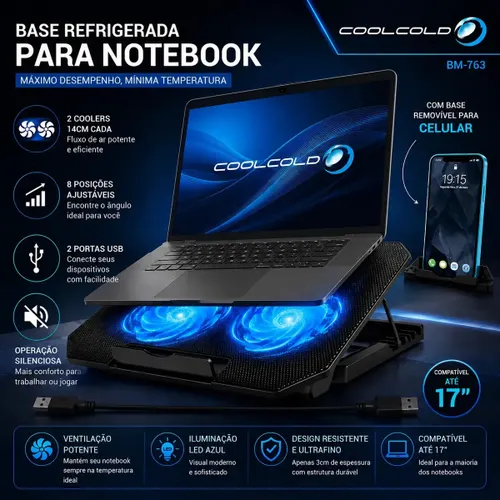 Suporte Notebook Coolcold com 2 Cooler Ventoinhas Base Mesa Led Refrigerada Ventilação Silenciosa Cor Preto Led Azul Laptop Notebook Até 17 Polegadas