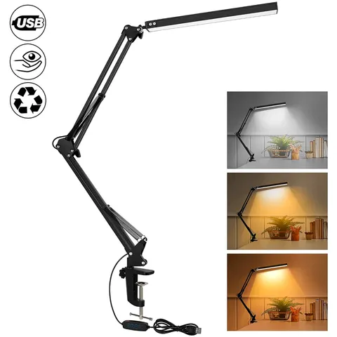 Lâmpada de mesa LED com braçadeira, braço oscilante, olho-cuidado, luz de mesa regulável, 10 níveis de brilho, 3 modos de iluminação