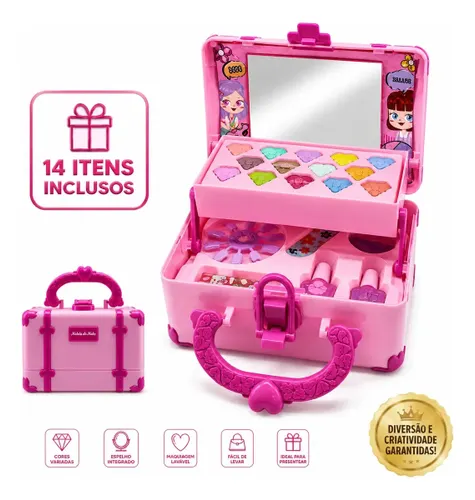 Kit Maleta Maquiagem Infantil Lavável Espelho Fácil Limpar Brinquedo de Beleza Menina Completa Paleta de Sombra para Sobrancelha Pinceis Batom Gloss Labial Unhas Postiças Presente Criança Lar Commex