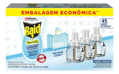 Repelente Raid Elétrico Liq 45 Noites Raid Family 3 Refis