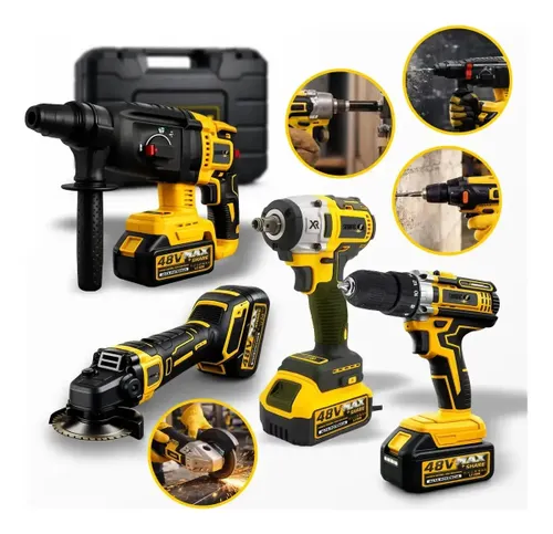 Kit Multi Ferramentas 4 em 1 48v sem Fio com 2 Baterias Furadeira Parafusadeira Martelete Esmerilhadeira Chave de Impacto com Maleta Alta Potência Uso Profissional e Doméstico Simake