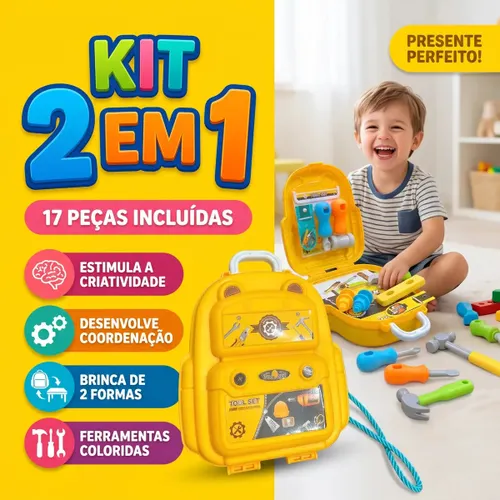 Kit Maleta Mochila de Ferramentas Infantil Bag 2 em 1 Vira Oficina 17 Peças Plástico Criança Menino 3 Anos Brinquedo Faz de Conta Educativo Didático Construção Presente Louis Riel Acustico