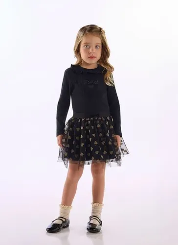 Conjunto Infantil Menina com Blusa Canelada e Saia em Tule Preto