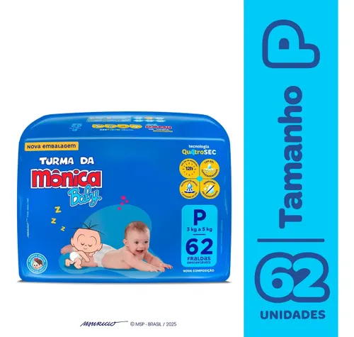 Fraldas Descartáveis Baby Qu4troSec com 62 Unidades Tamanho P Turma da Mônica