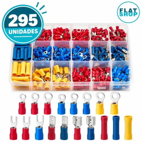 Kit 295 Terminais Elétricos Conectores Pré-isolado Conector Emenda Chicote Crimpar forquilha Olhal Garfo Luva Faston Automotivo Variados Macho Fêmea com Caixa Organizadora