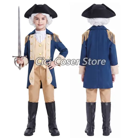 Fantasia Colonial George Washington para Crianças, Traje de Oficial Militar Histórico com Chapéu, Fantasia de Halloween para Meninos, Fantasia de Palco