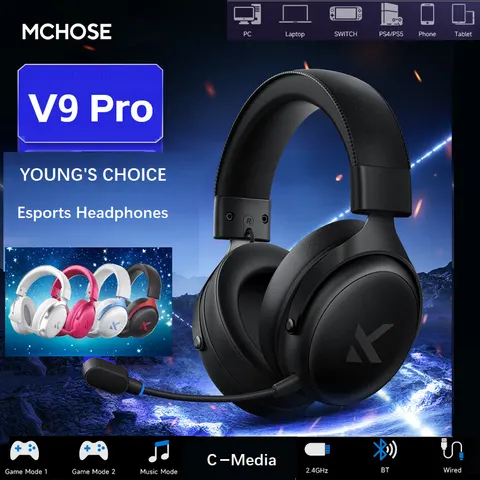 Fones de ouvido originais MCHOSE V9 PRO Music Esports Gaming, microfone de redução de ruído sem fio de 3 modos, personalizado, montado na cabeça