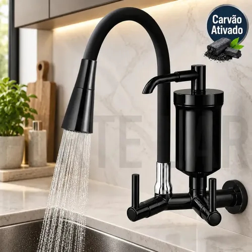 Torneira com Filtro Gourmet de Cozinha 2 Jatos Flexível Forte Lar Metais Cone Preto Parede Preto Black