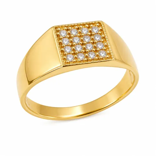Anel Chapa Quadrada com 16 Zircônias em Ouro 18K