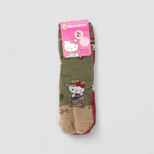 Kit Meia Infantil STZ Hello Kitty Cowboy 2 Pares 31-34 Colorido