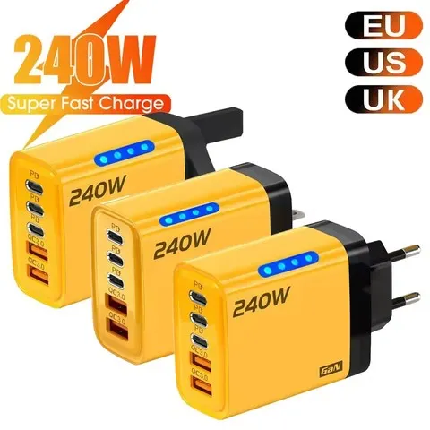 Carregador Rápido Gan de 240w com Luz LED 5 em 1, 2 USB + 3 Tipo-C, Carregador Multiportas para iPhone 15-17, Samsung, Huawei, Xiaomi 15