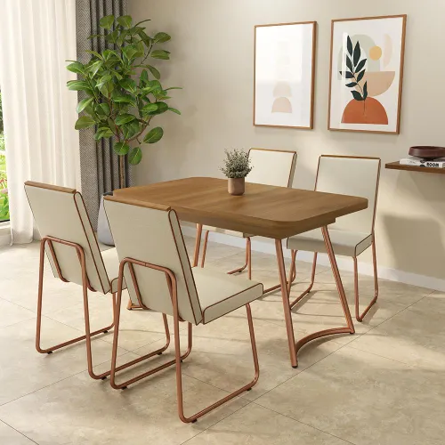 Conjunto Sala de Jantar 4 Cadeiras Peonia Carraro Nogal Rosê