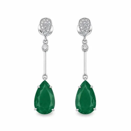 Brinco com Diamantes e Gota de Esmeralda em Ouro Branco 18K