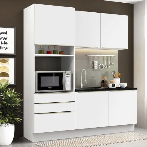 Armário de Cozinha Compacta 180 x 60 cm Branco/Branco Veludo Lux Madesa 01