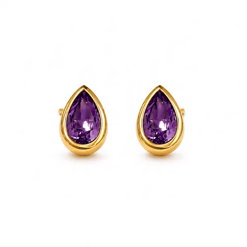 Brinco Gota com Ametista 6 mm em Prata de Lei Banhado a Ouro
