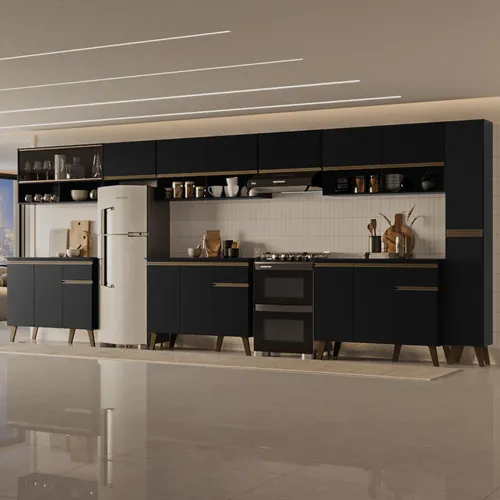 Armário de Cozinha Completa Atlanta Plaza com Vidro Carraro Preto Touch