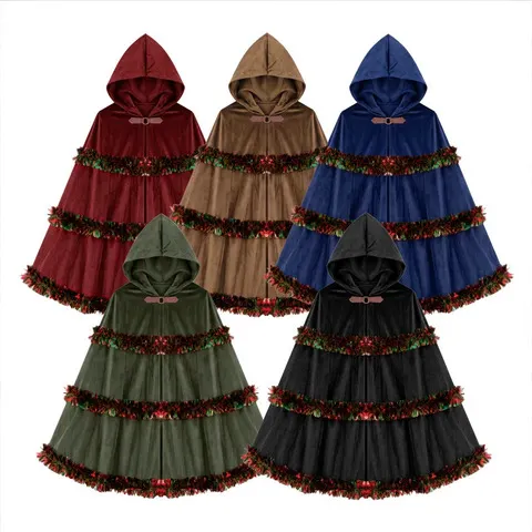 Capa de Natal com Capuz em Camurça Sintética Vintage, Manto de Guerreiro Medieval com Detalhes em Tinsel, Fantasia de Halloween, Cosplay de Elfo, Robe para Festa