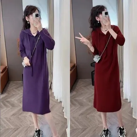 Novo Vestido Casual de Comprimento Médio com Capuz, Moda Vintage em Poliéster, Manga Longa, Vestido Feminino para o Dia a Dia