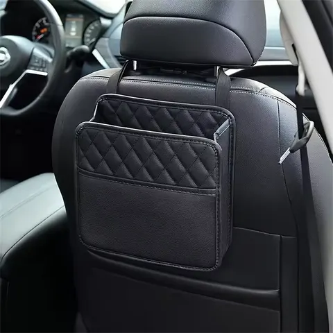 Bolsa de armazenamento para o banco do carro, em couro, com ajuste universal, organizador multifuncional para automóveis e saco para lixo, adequada para a maioria dos modelos de carros.