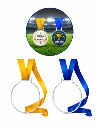 Medalha Acrílico Kit com 100 unidades Transparente 5cm com Fita Azul e Amarela Fácil Montagem Redonda Lisa para Personalizar Premiação Esportiva Escolar Futebol Corrida Gincana Campeonato Evento Jogos