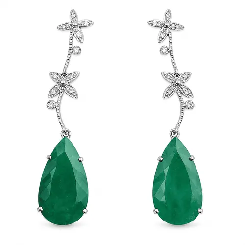 Brinco Gota de Esmeralda com Flor E 4 Diamantes em Ouro Branco 18K