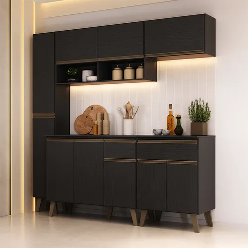 Armário de Cozinha Completa Atlanta Aria com Vidro Carraro Preto Touch