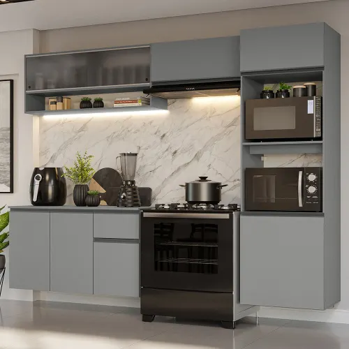 Armário de Cozinha Completa Suspensa 260cm Cinza Nice Madesa 11