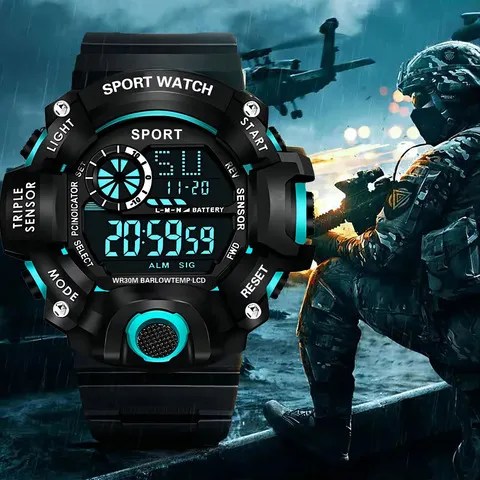Relógio Masculino Esportivo Eletrônico com Mostrador Grande, Multifuncional, à Prova d'Água, Luminoso, com Alarme, Relógio Militar para Crianças e Homens